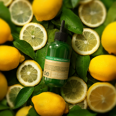 immagine del prodotto della maschera normalizzante all'argilla ambientata su sfondo giallo con limoni e foglie 